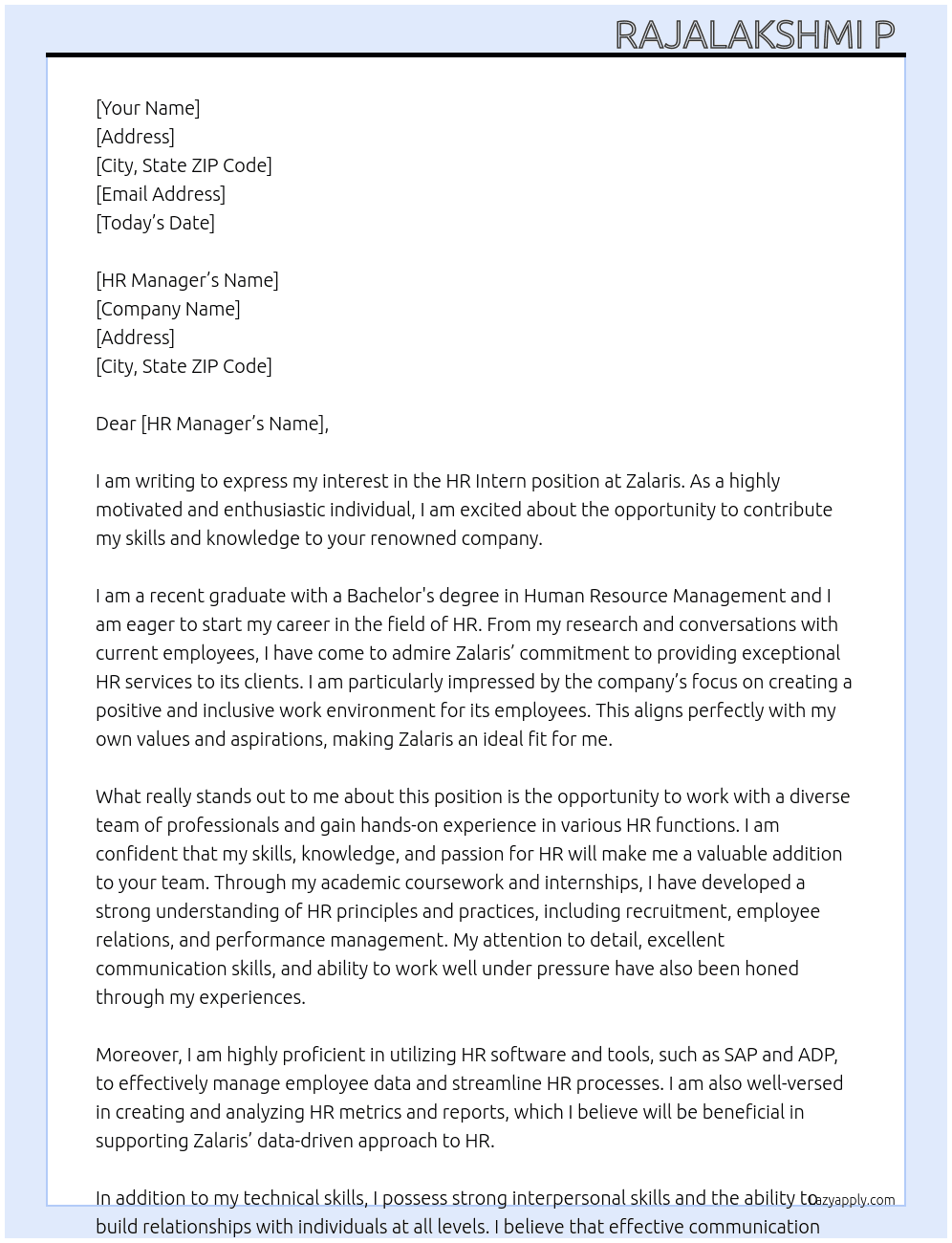 HR INTERN  At Zalaris Cover Letter