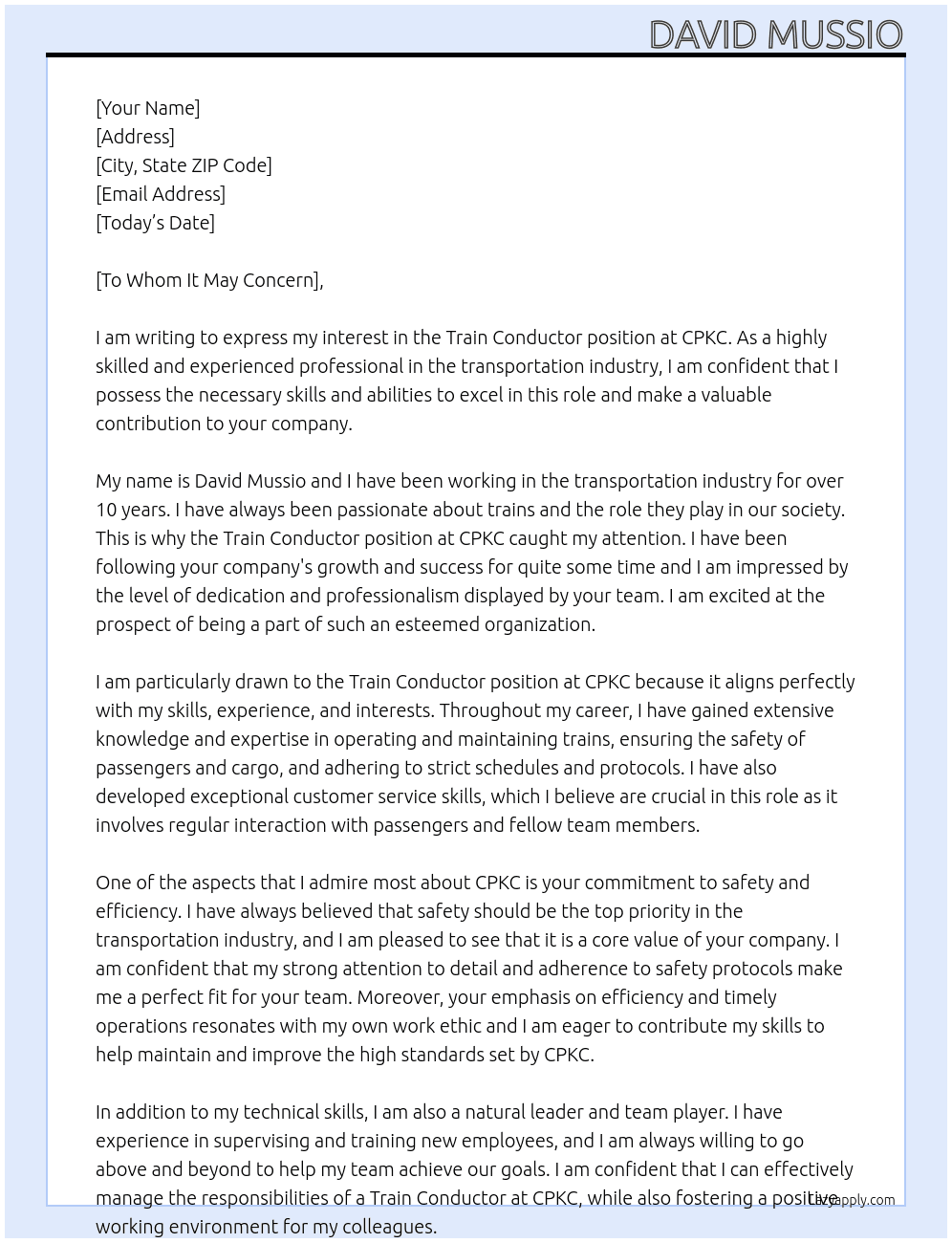 Train Conductor At CPKC Cover Letter