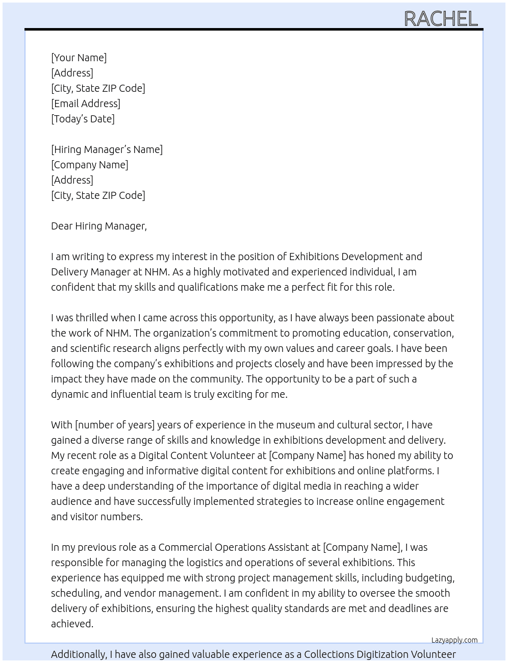exhibitions development and delivery manager  At NHM Cover Letter