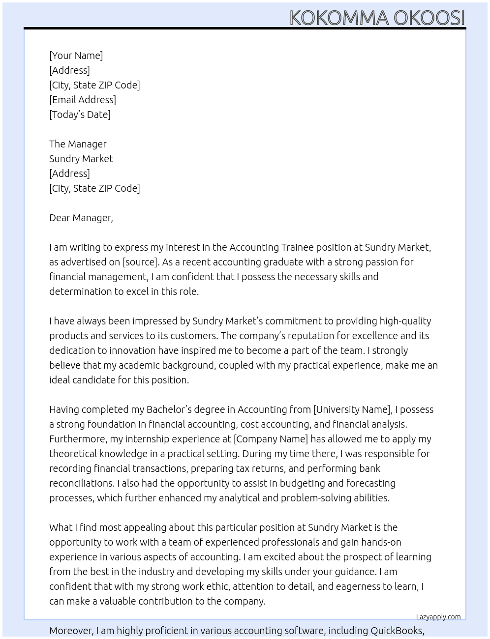 Accounting trainee At Sundry Market  Cover Letter