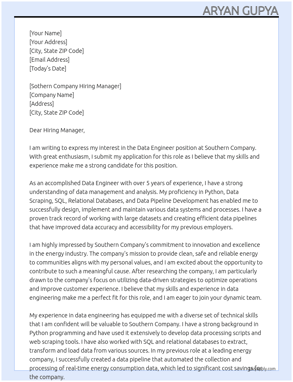 Data Engineer At Southern Company Cover Letter