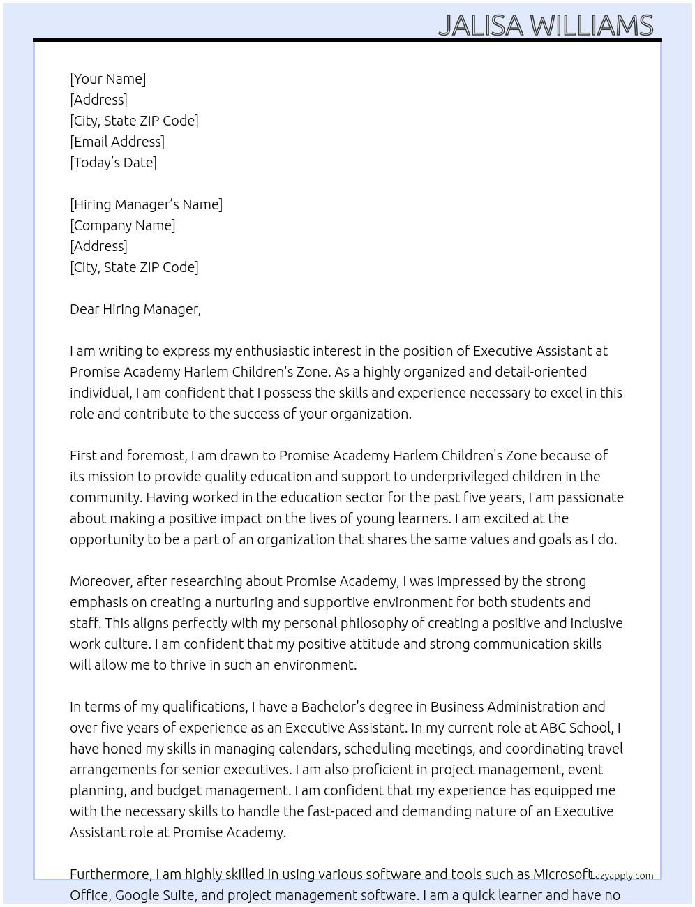Executive Assistant At Promise Academy Harlem Children's Zone Cover Letter