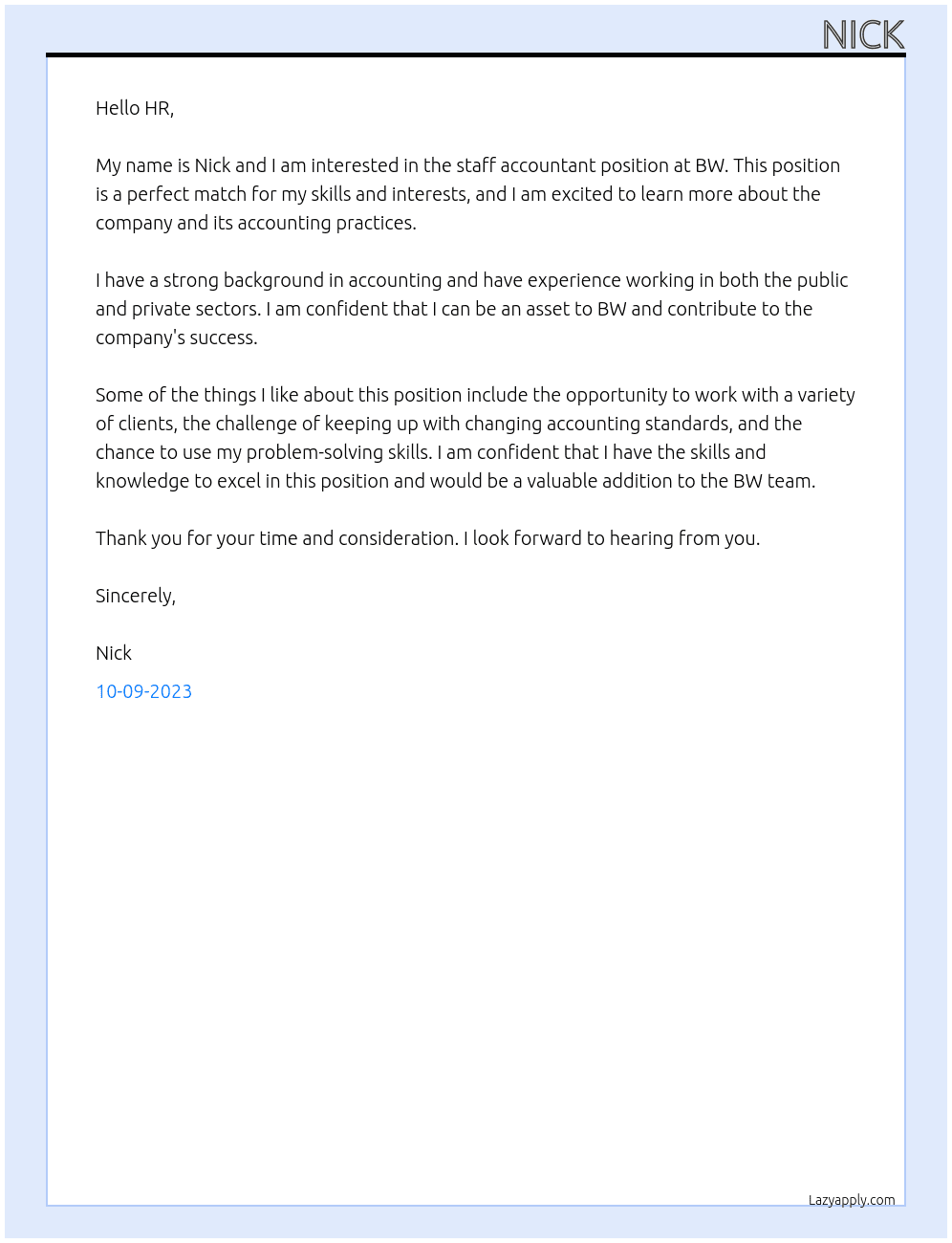staff accountant At bw Cover Letter