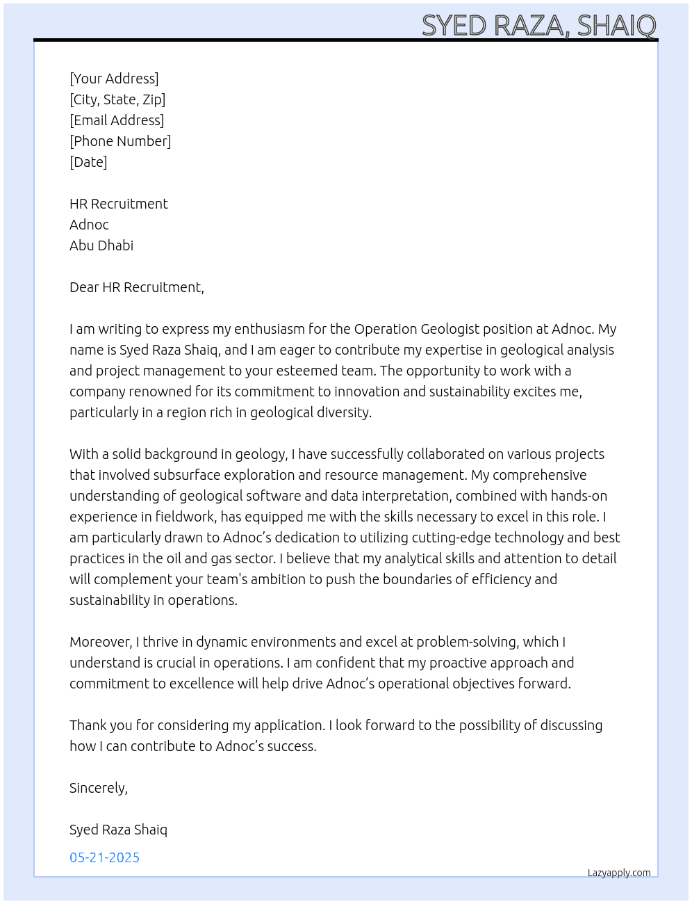 Operation Geologist At Adnoc, Abu Dhabi Cover Letter
