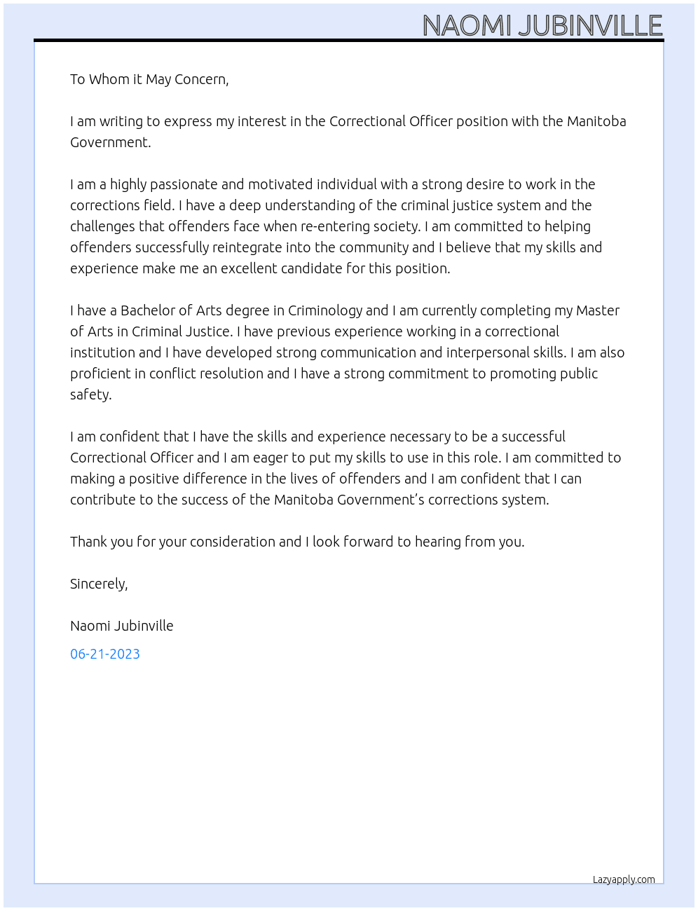 Correctional Officer At Manitoba Government Cover Letter
