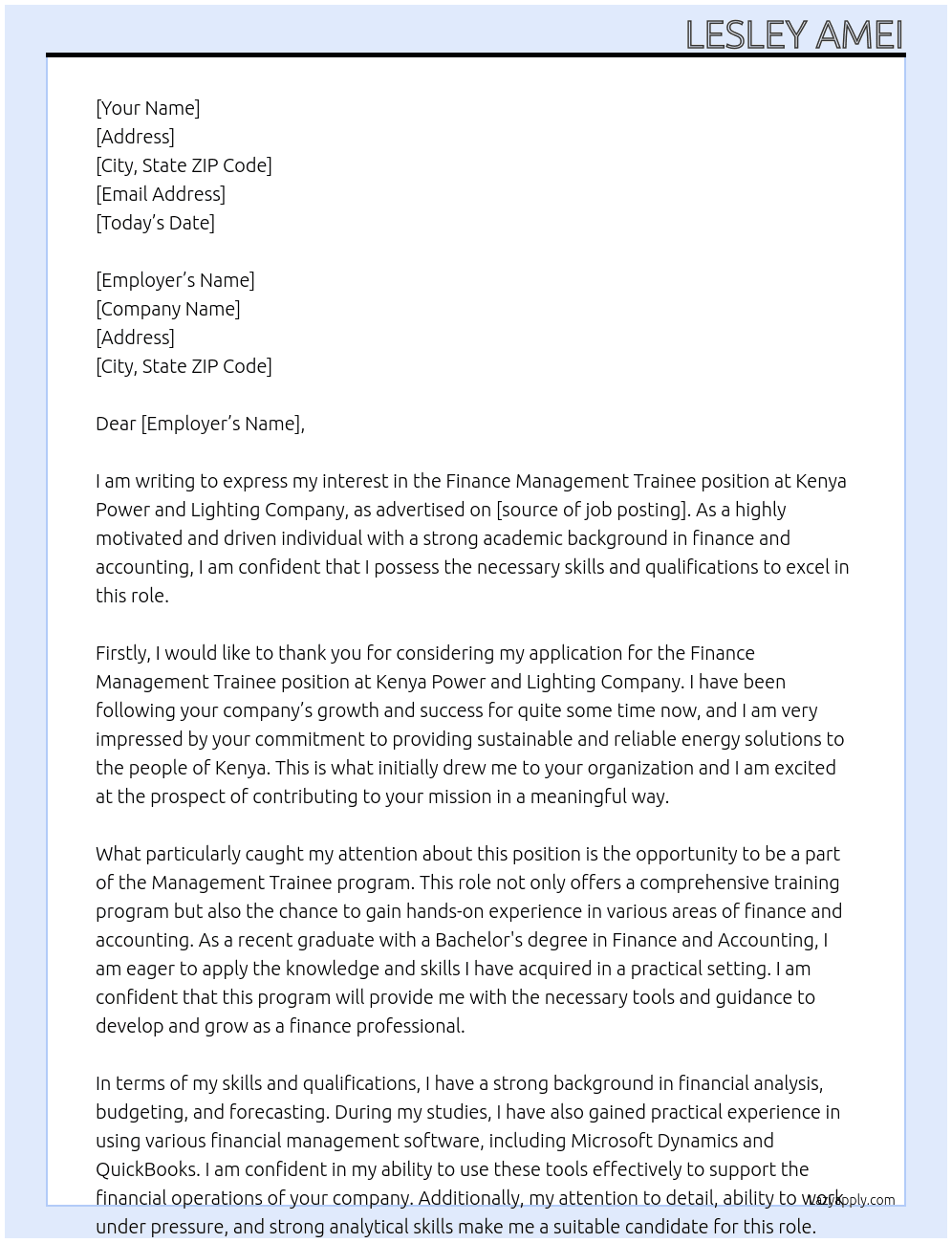 Finance management trainee At Kenya Power and Lighting Company Cover Letter