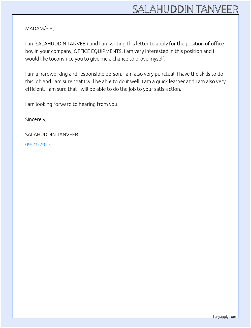 office boy At OFFICE EQUIPMENTS Cover Letter