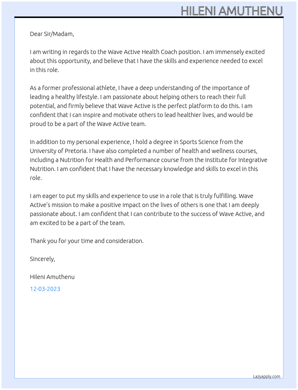 Wave Active Health Coach At Wave Active Limited Cover Letter