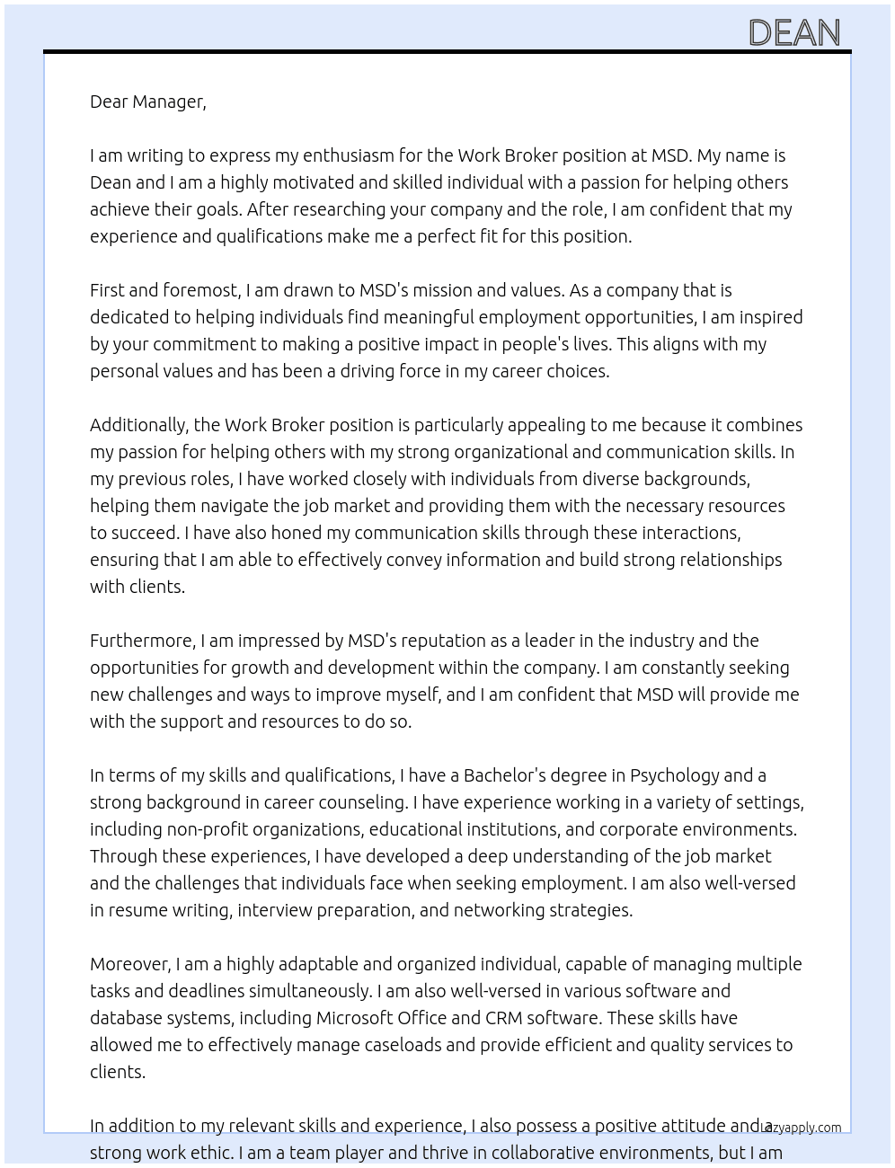Work Broker At MSD Cover Letter