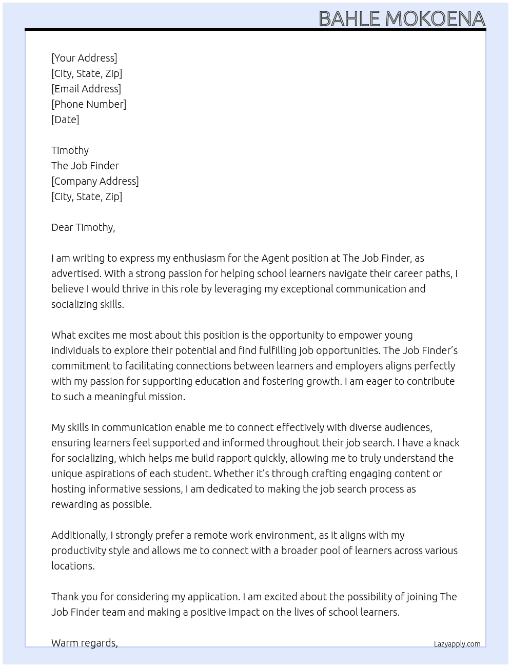 Agent At The job finder Cover Letter