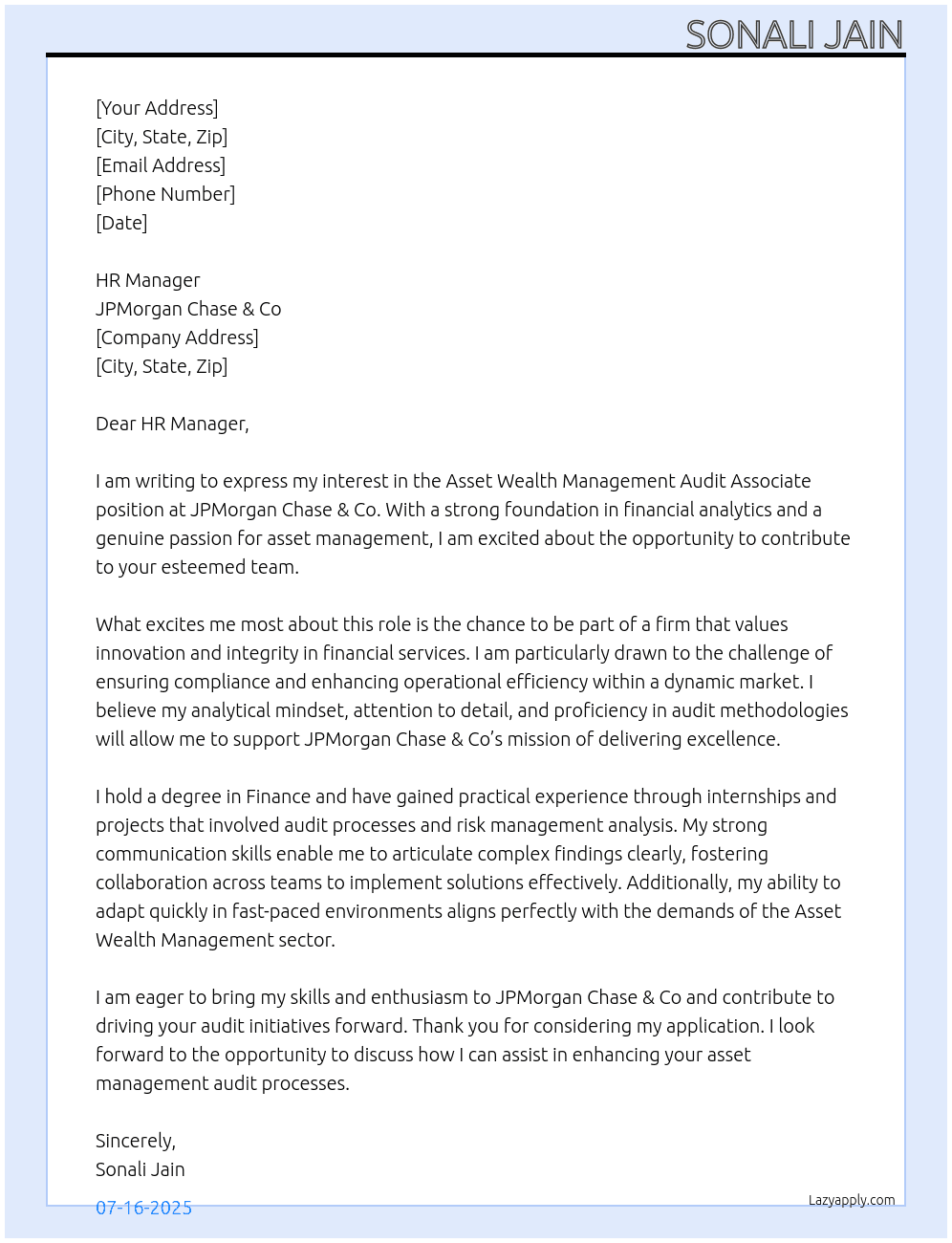 Asset Wealth Management Audit Associate  At Jpmorgan chase & co  Cover Letter