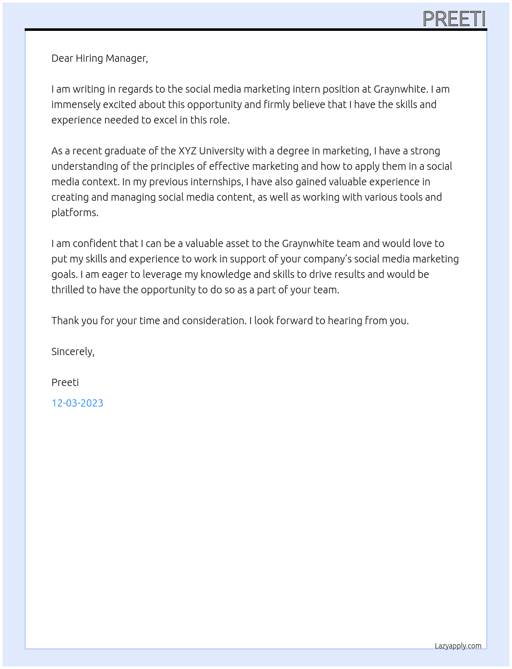 Social media marketing intern  At Graynwhite Cover Letter