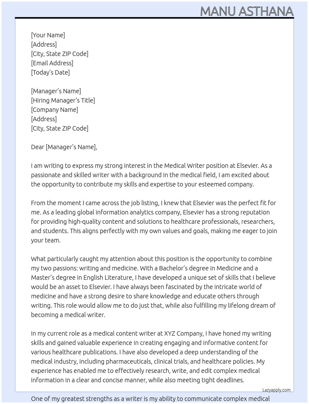 medical writer At Elsevier Cover Letter