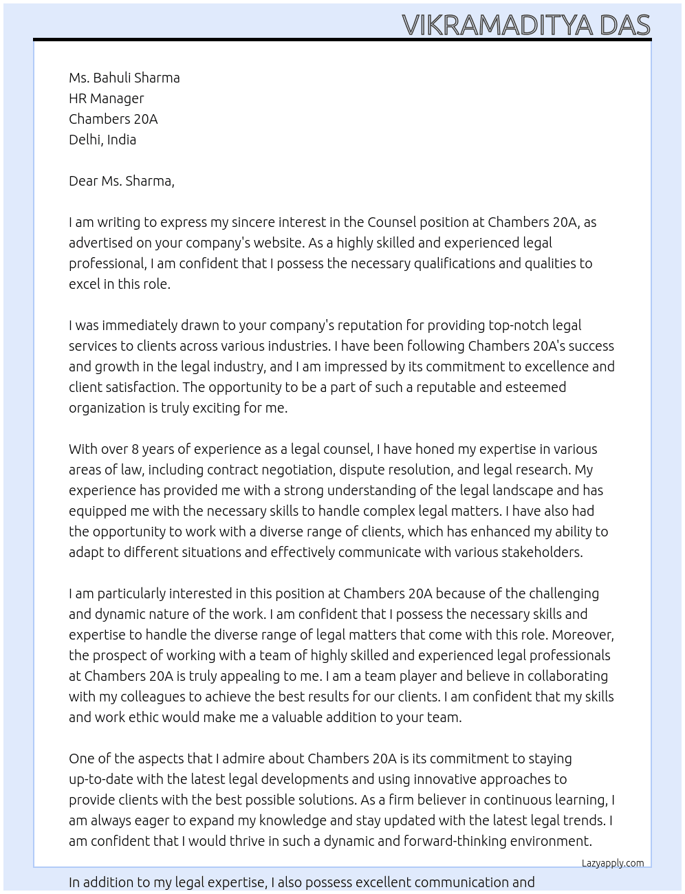 Counsel At Chambers 20A Cover Letter