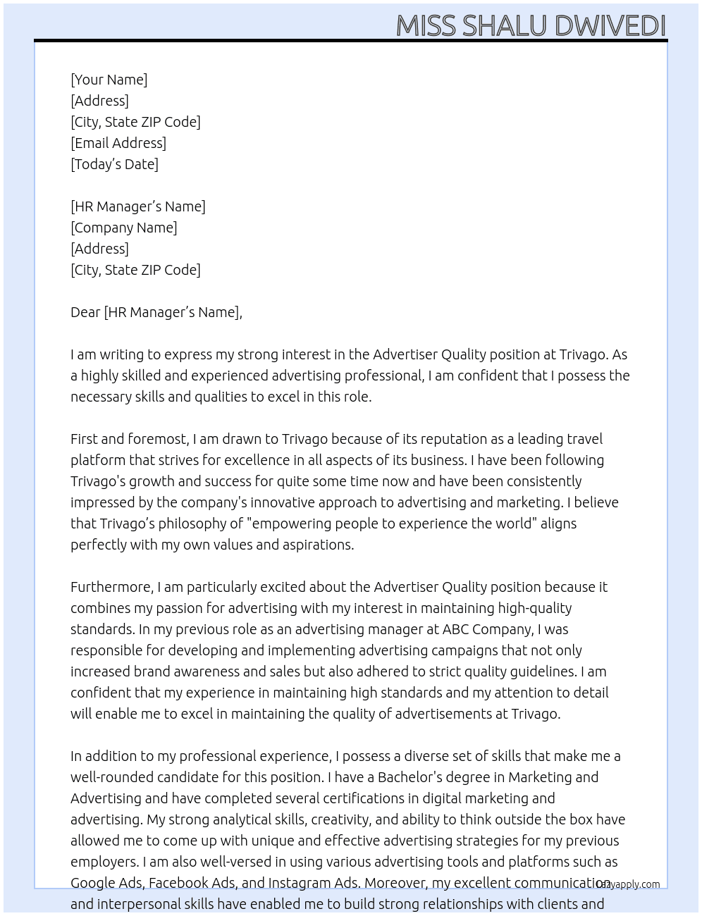 Advertiser Quality At Trivago Cover Letter