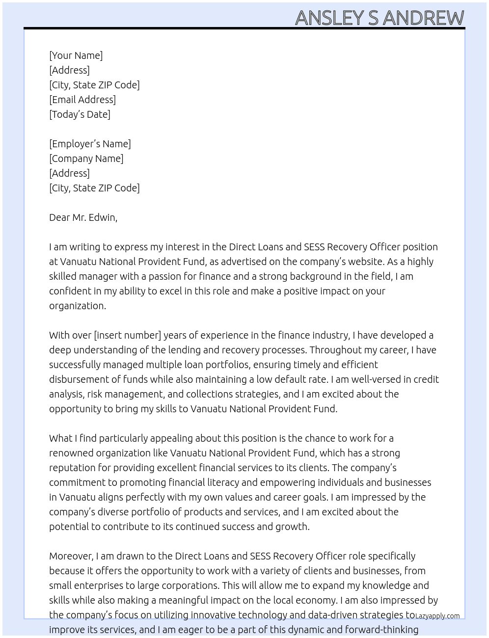 Direct Loans and SESS Recovery Officer At Vanuatu National Provident Fund Cover Letter