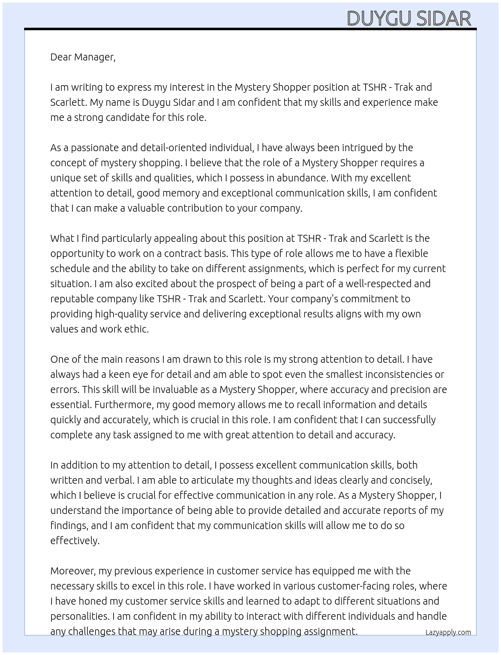 Mystery Shopper At TSHR - Trak and Scarlett  Cover Letter