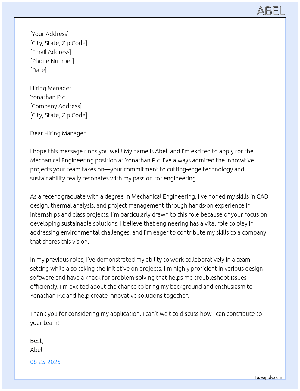 Mechanical engineering  At Yonathan Plc Cover Letter
