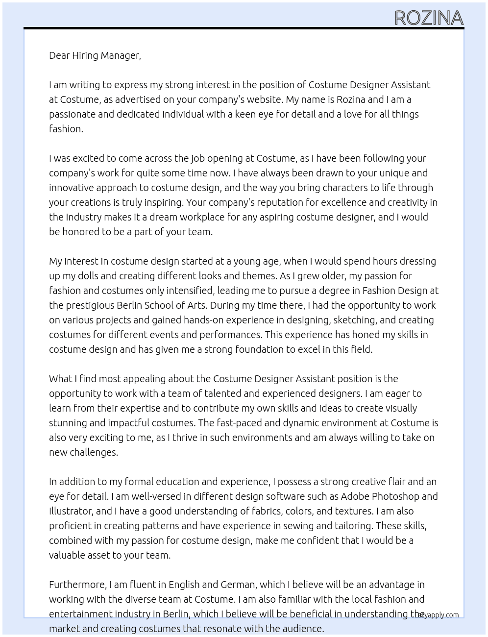 Costume Designer ASsistant At costume Cover Letter