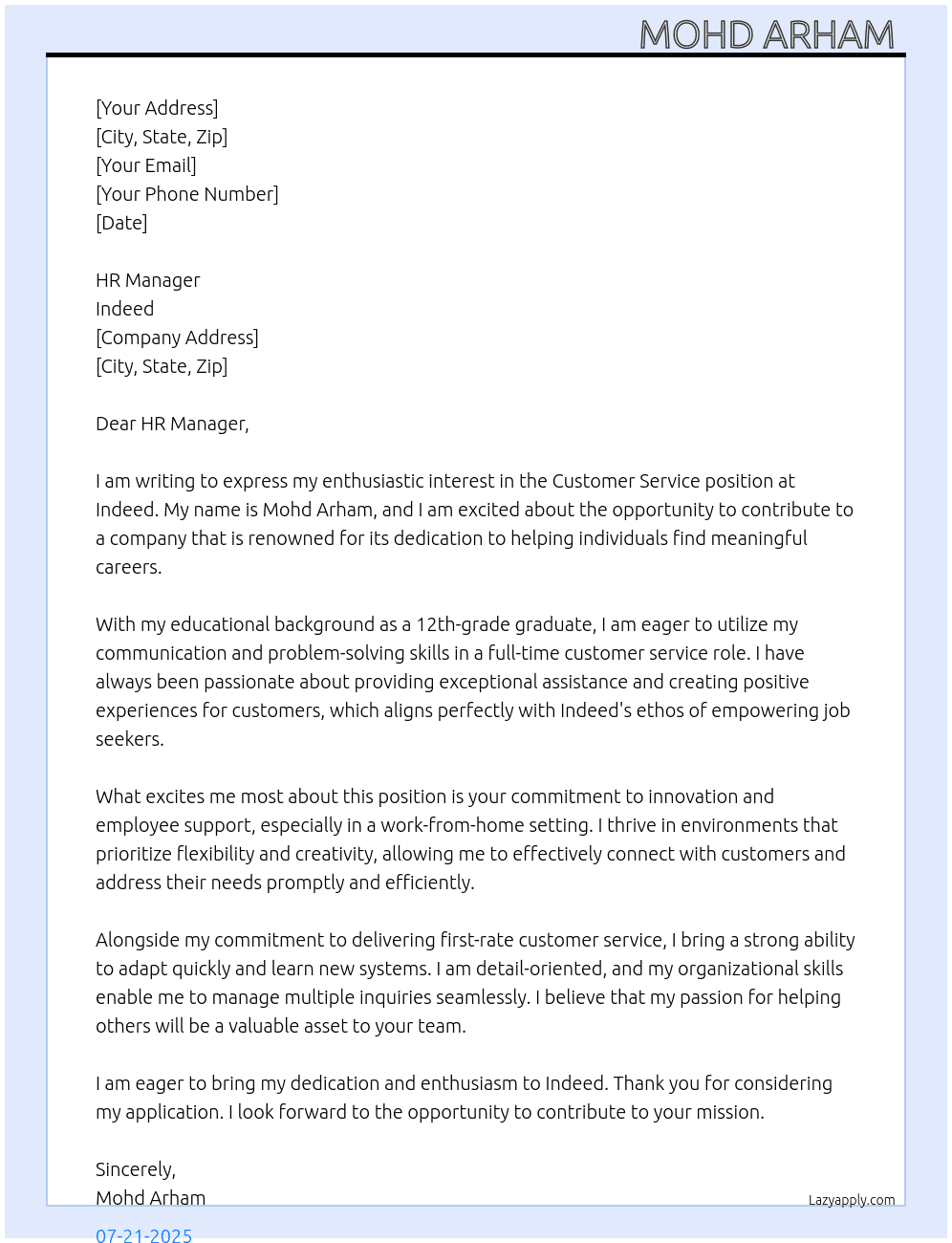 Customer service  At Indeed  Cover Letter
