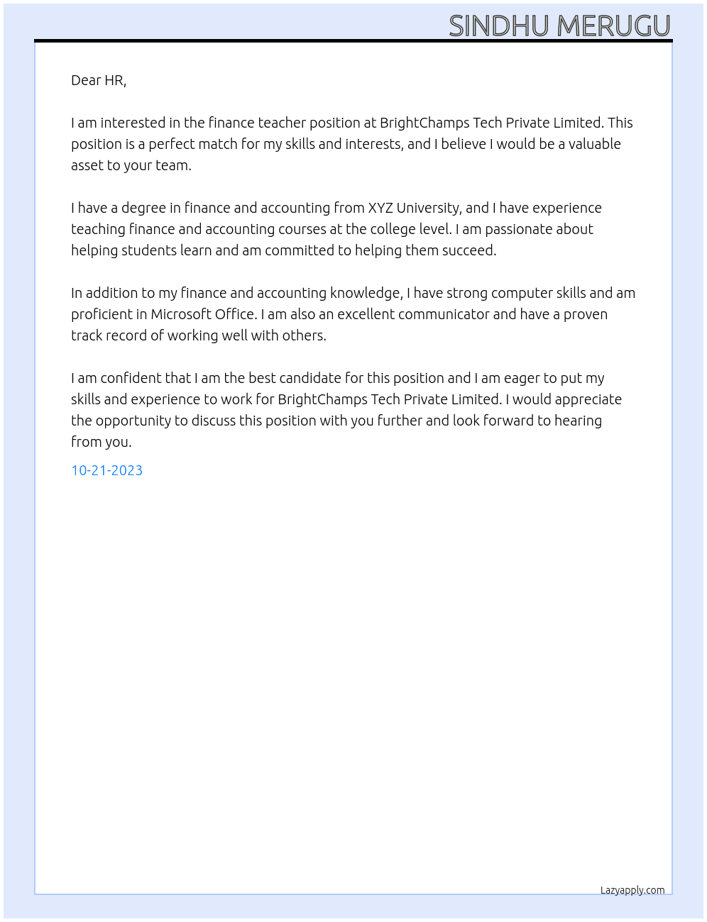 Finance Teacher At BrightChamps Tech Private Limited Cover Letter