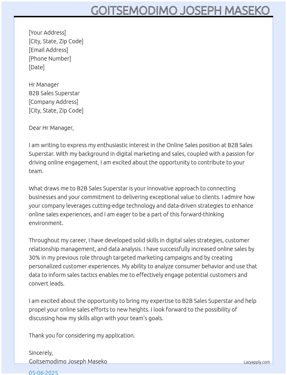 Online sales  At B2B sales superstar  Cover Letter