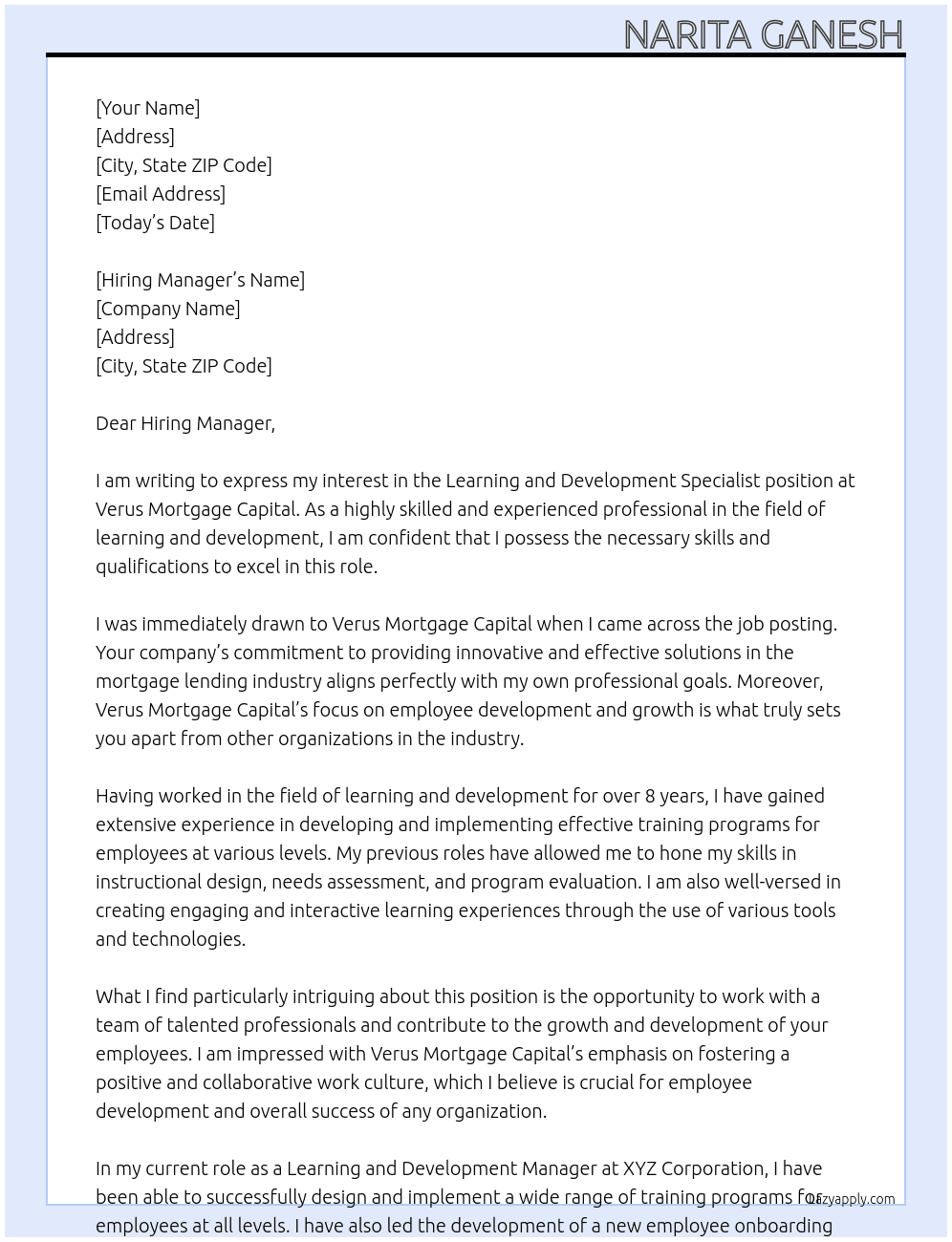 Learning and Development Specialist  At Verus Mortgage Capital Cover Letter