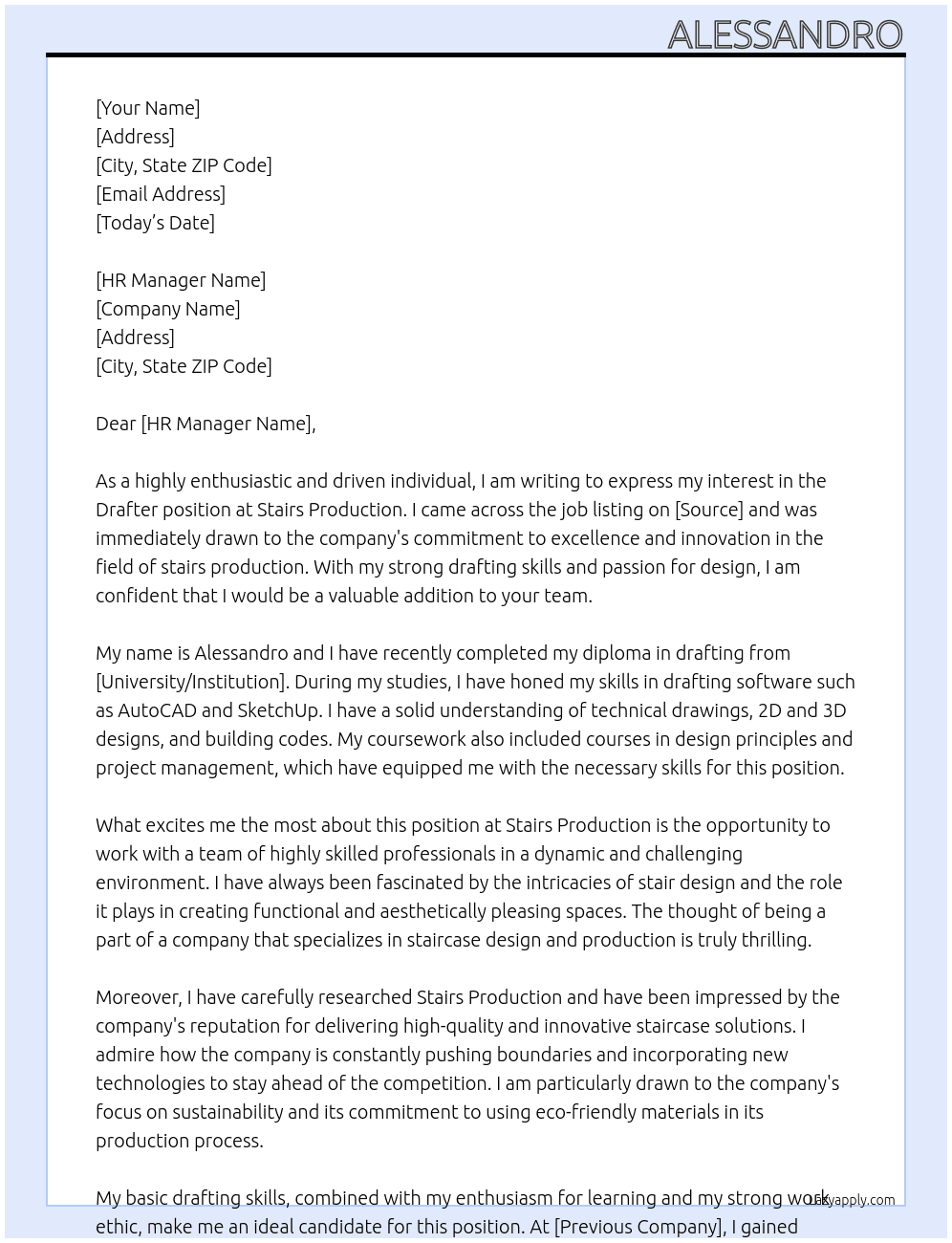 Drafter At Stairs production  Cover Letter