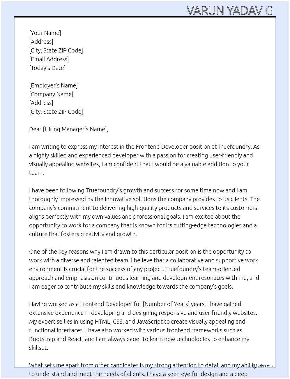 Frontend Developer  At Truefoundry Cover Letter