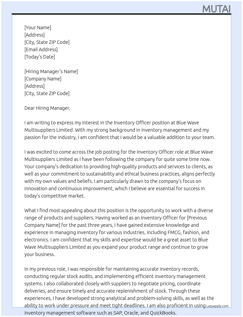 inventory officer At blue wave multisuppliers limited Cover Letter