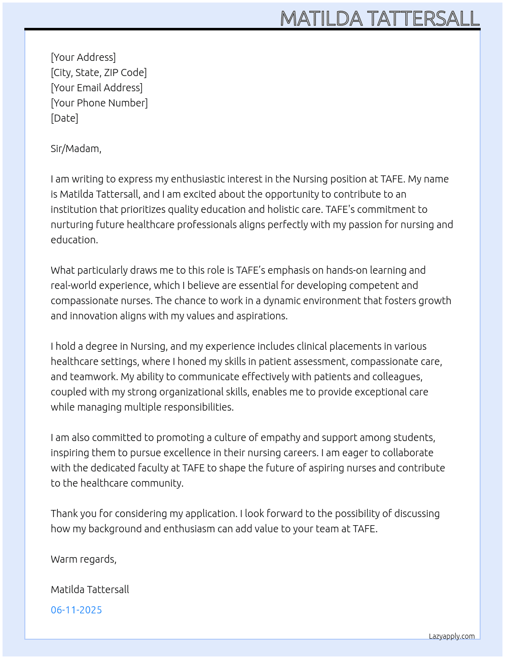 Nursing college At Tafe Cover Letter