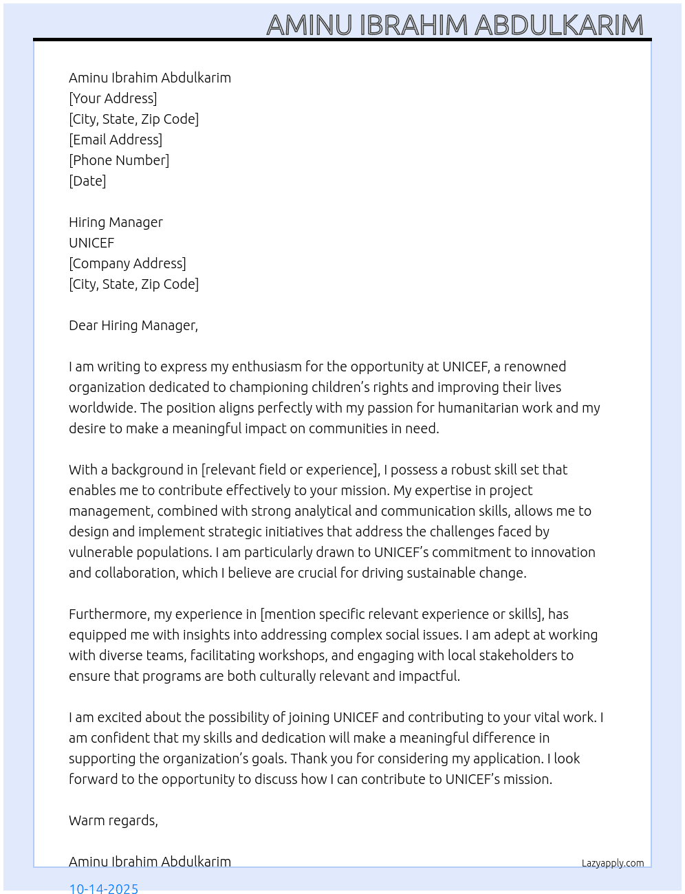 Cover letter for unicef - LazyApply