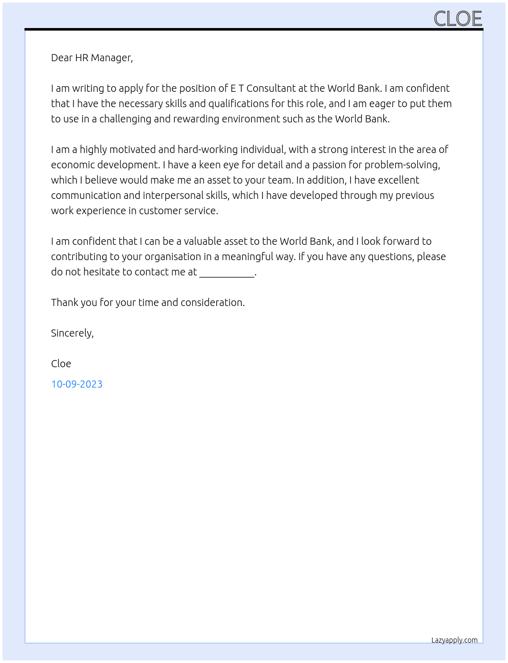 E T Consultant At World Bank Cover Letter
