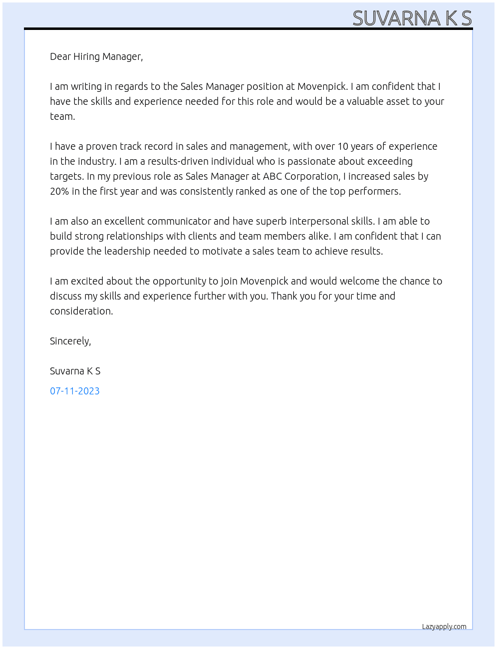 sALES MANAGER At Movenpick Cover Letter