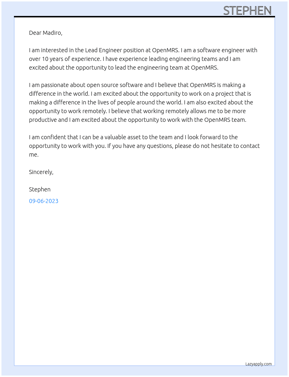 Lead Engineer At OpenMRS  Cover Letter
