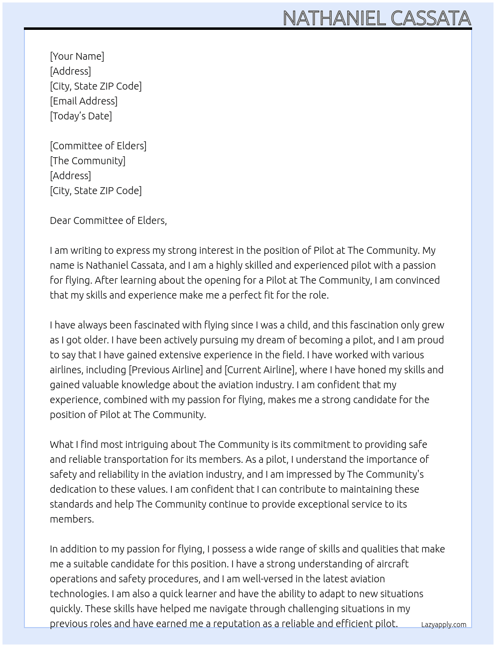 Pilot  At The community Cover Letter