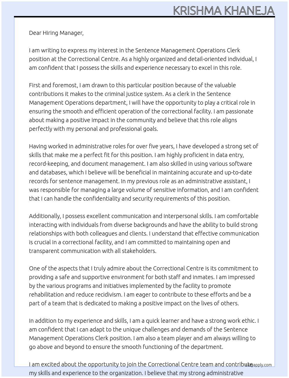 Sentence management operations - clerk At Correctional Centre Cover Letter