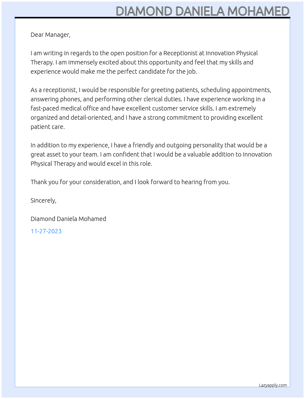 Receptionist At Innovation Phyiscal Therappy Cover Letter