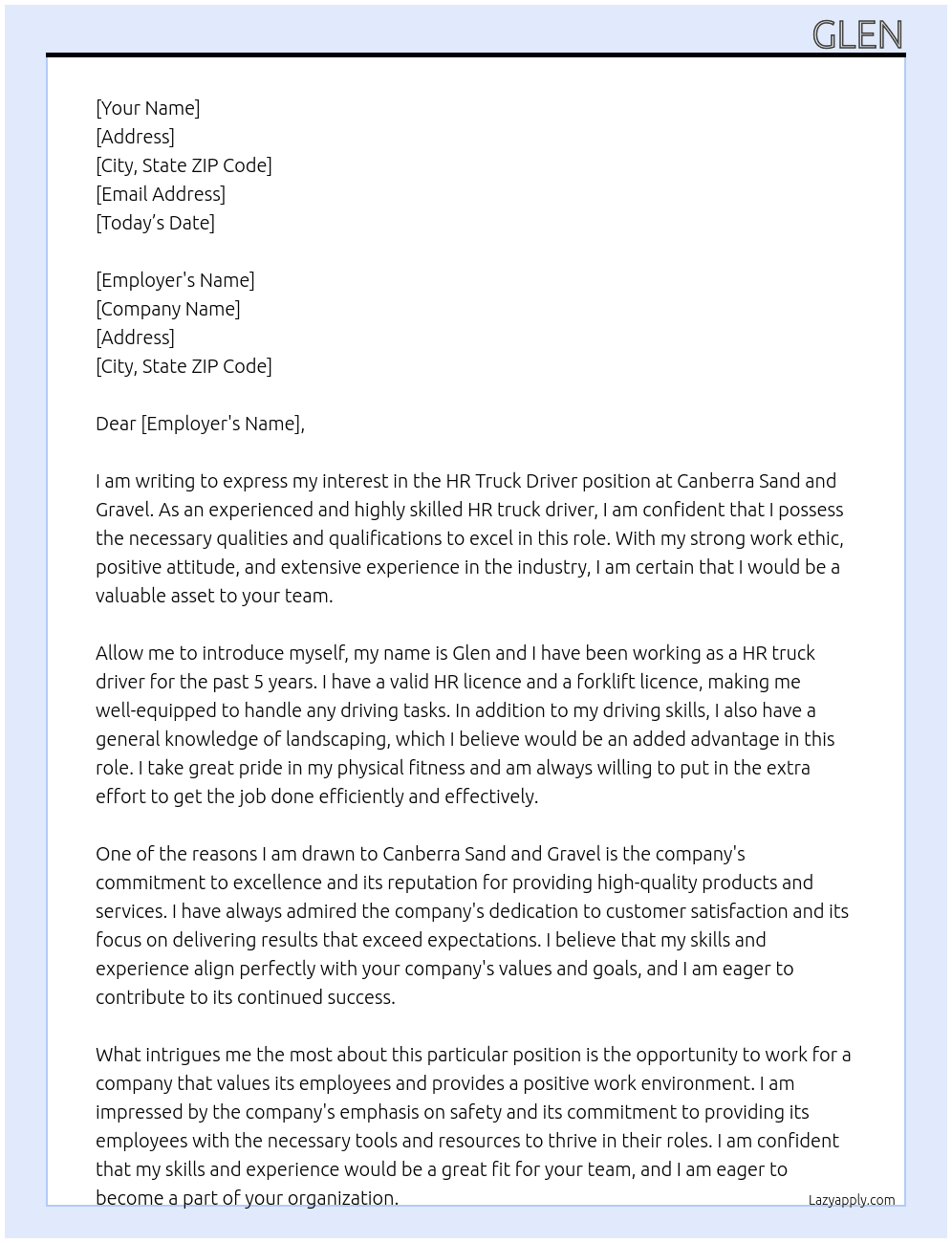 HR Truck Driver  At Canberra Sand and Gravel  Cover Letter