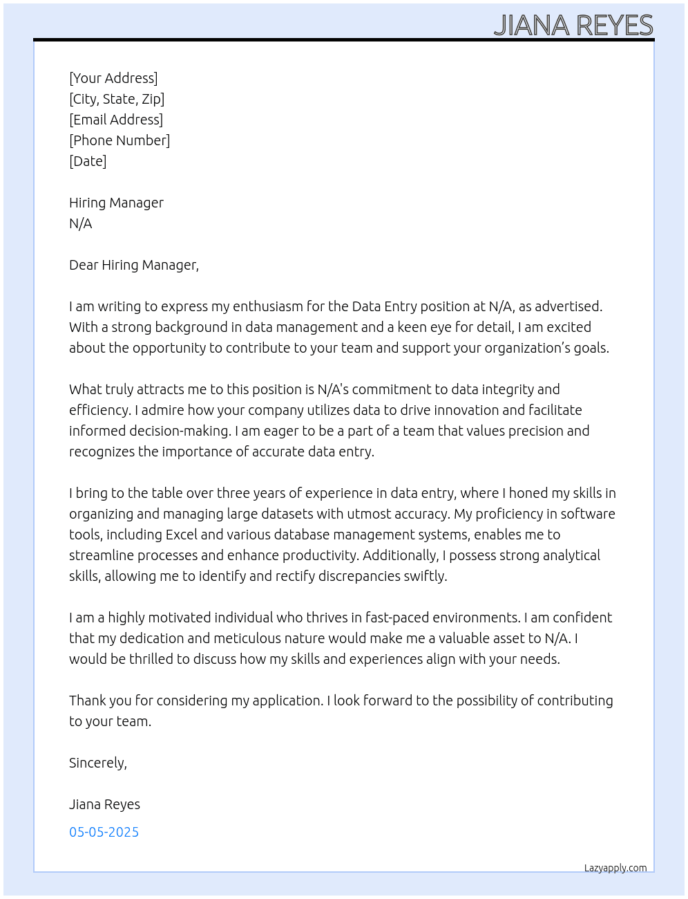 Cover letter for data ent - LazyApply