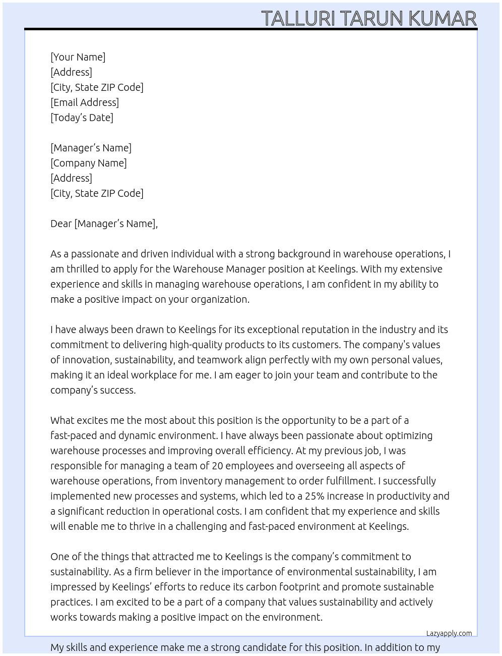 Ware house At keelings Cover Letter