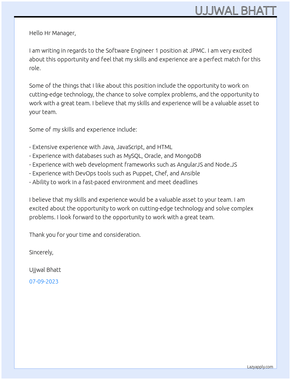 Software Engineer 1 At JPMC Cover Letter