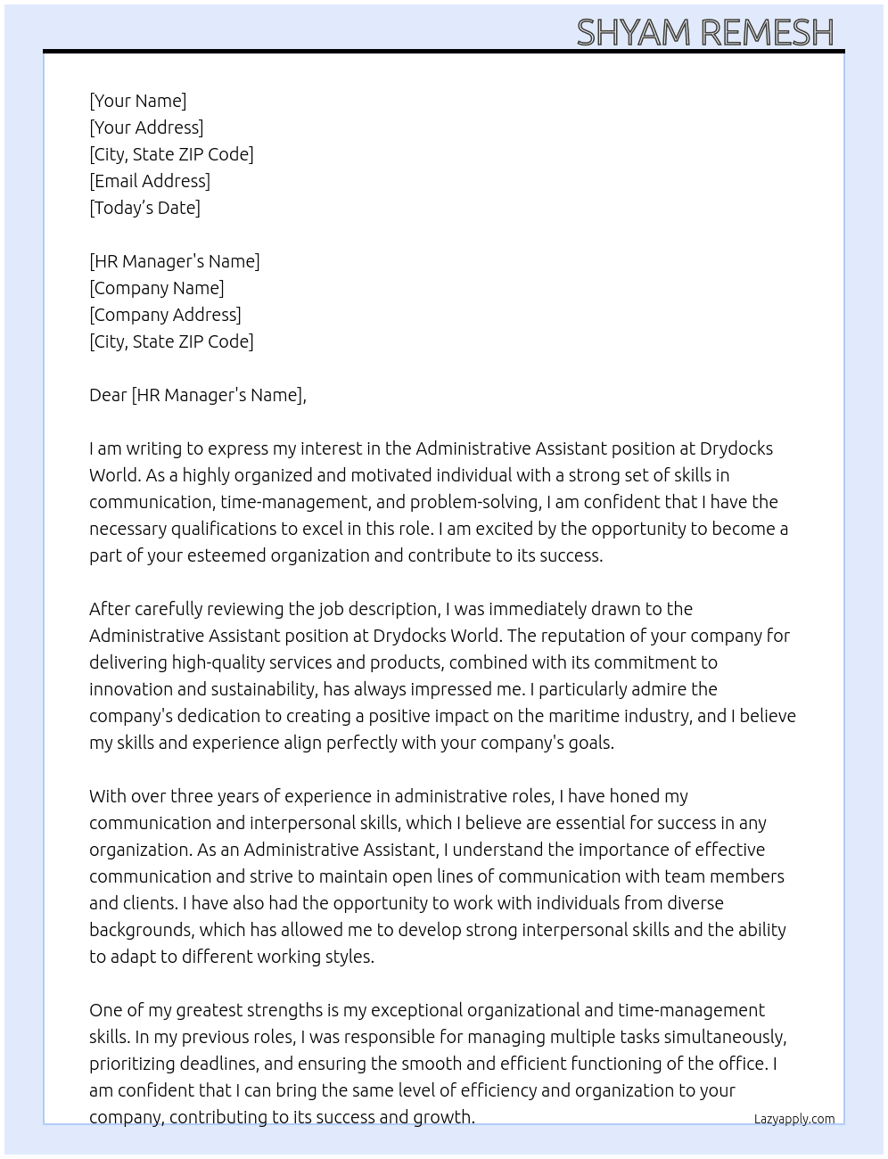 Administrative assistant  At Drydocks world  Cover Letter