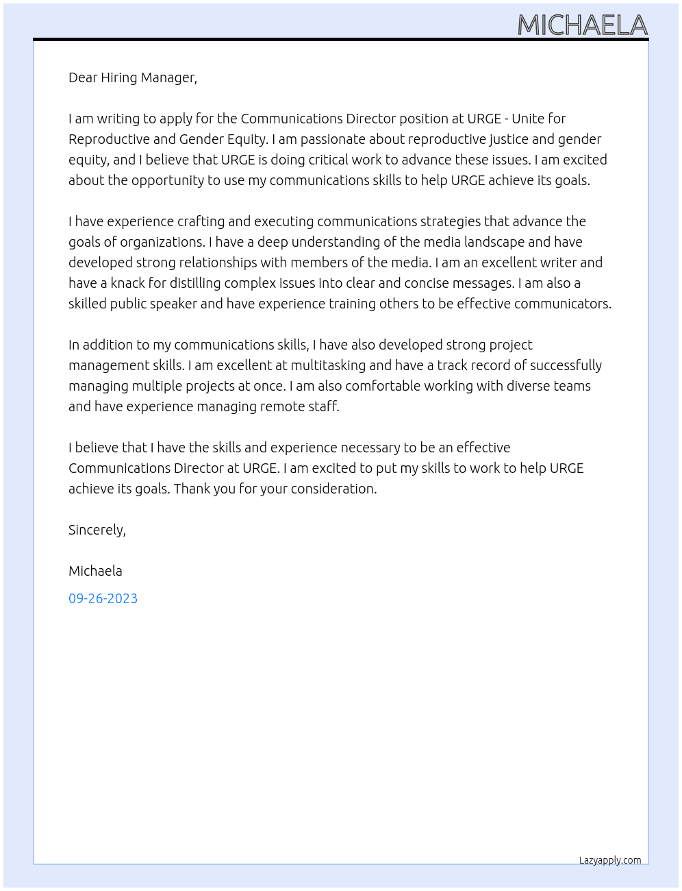Communications Director At URGE - Unite for Reproductive and Gender Equity Cover Letter