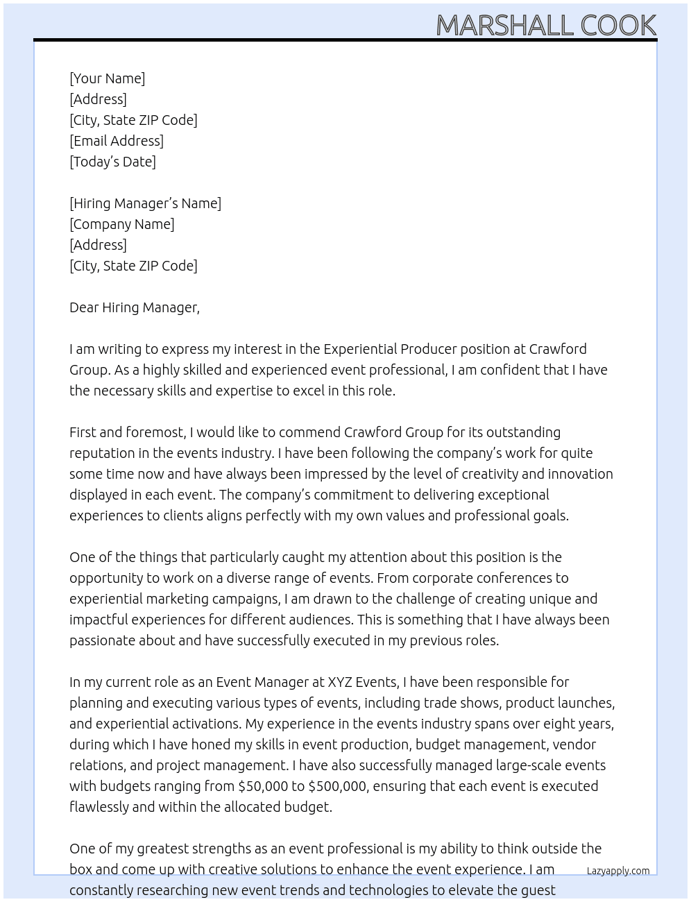 Experiential Producer At Crawford Group Cover Letter