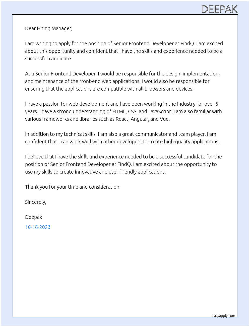  Senior Frontend Developer At FindQ Cover Letter