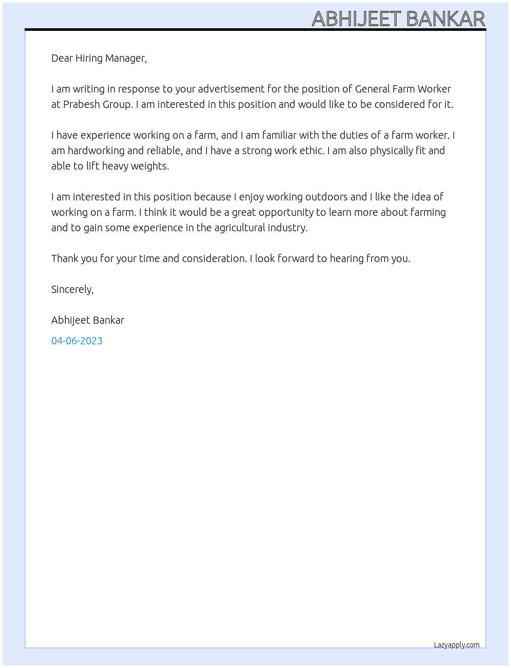 General Farm Worker At Prabesh Group Cover Letter