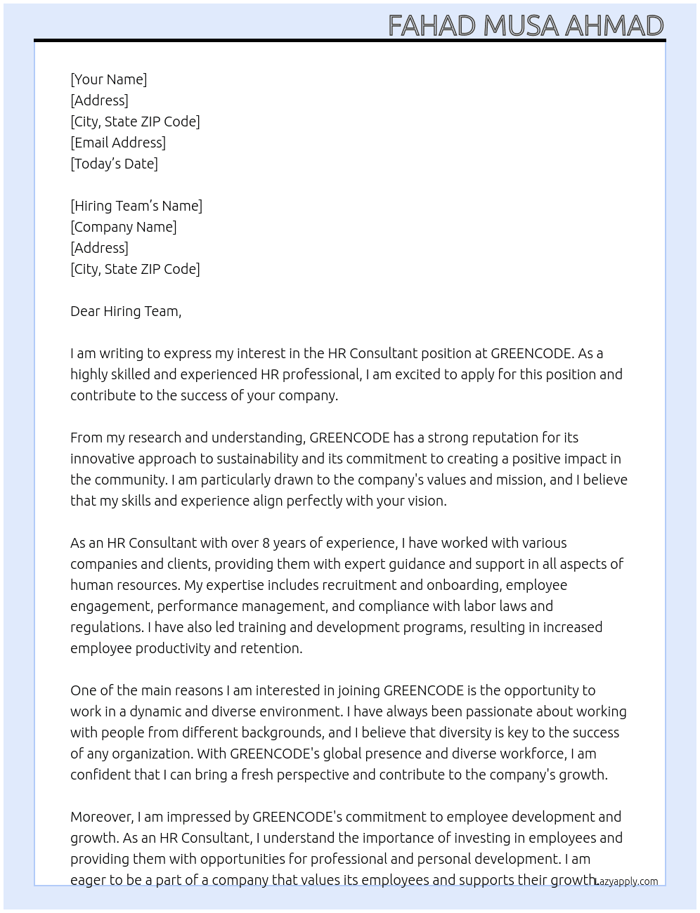 HR Consultant At GREENCODE Cover Letter