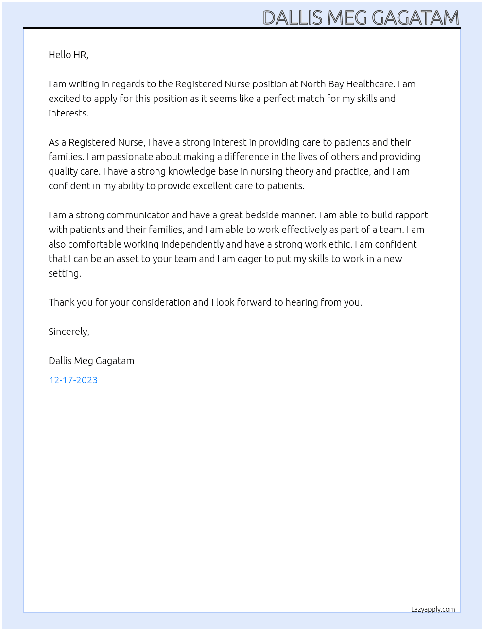 Registered Nurse At North Bay Healthcare Cover Letter