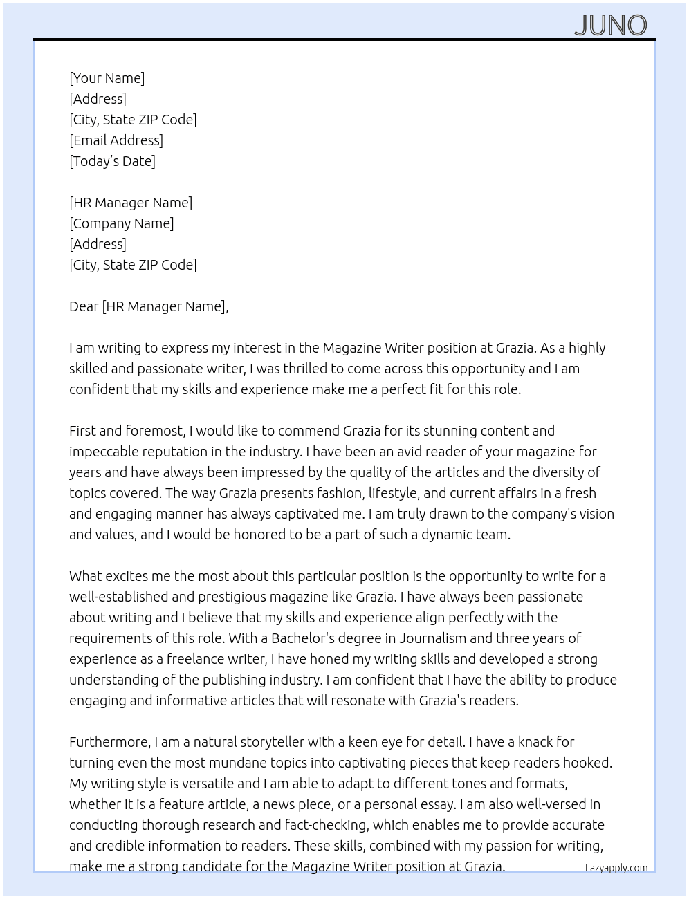 Magazine writer At Grazia Cover Letter